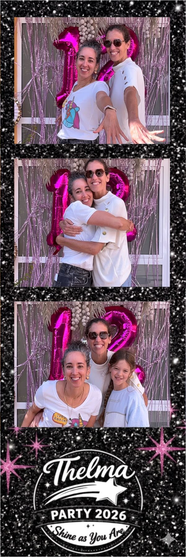 Photo strip from a birthday party with a black glitter frame